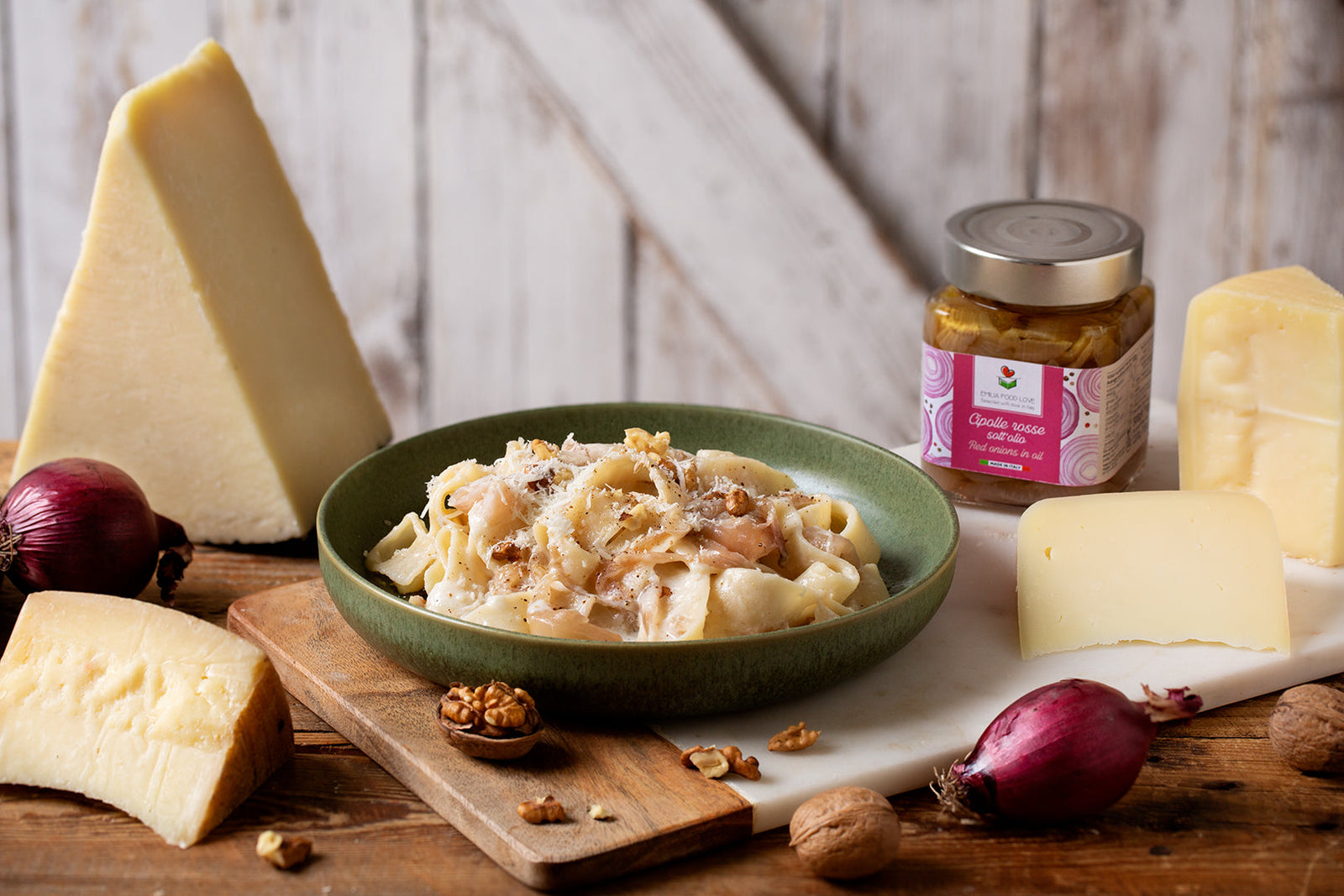 Four Cheese Pappardelle with Red Onions and Walnuts