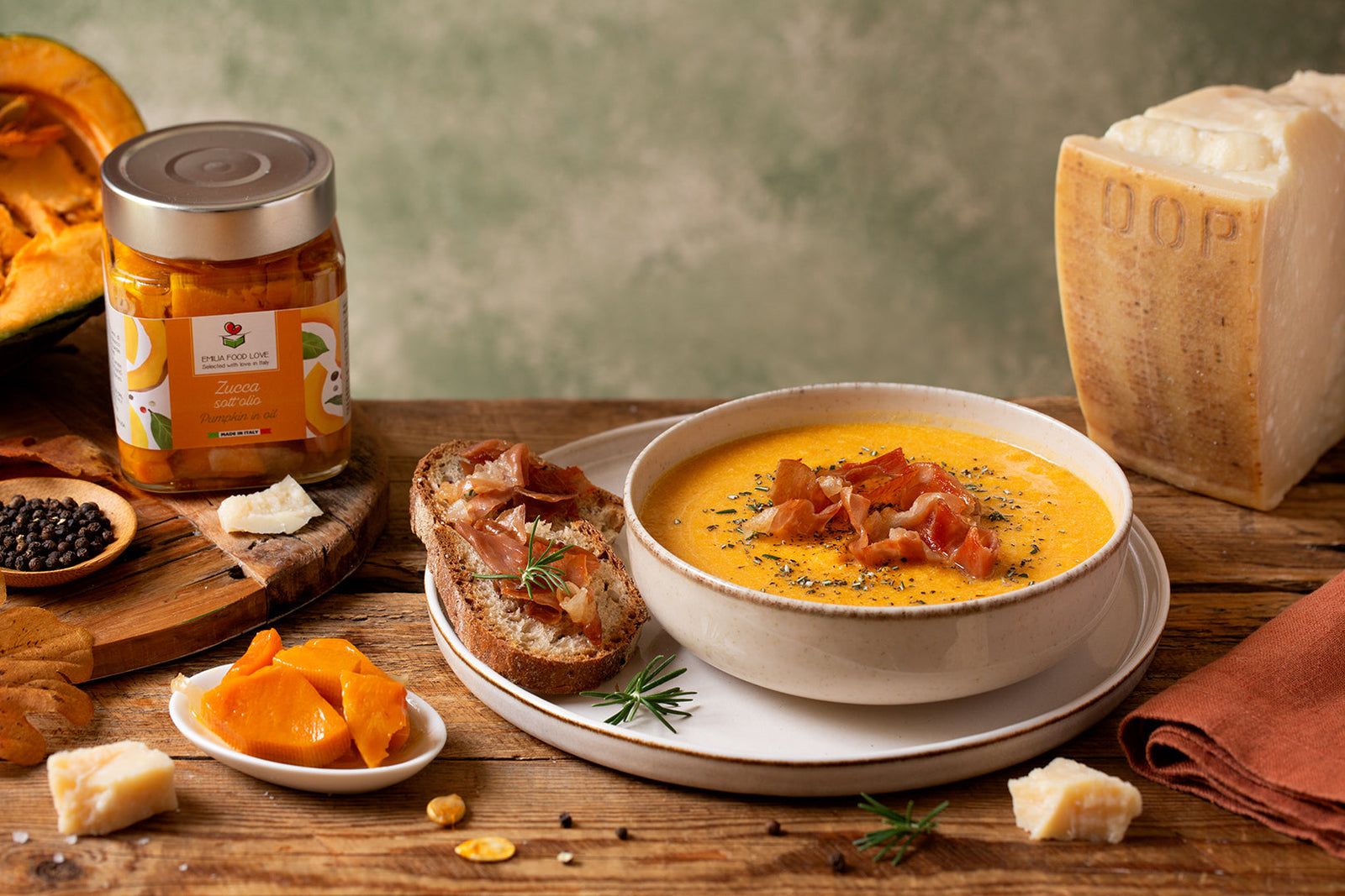 CREAMY PUMPKIN SOUP with Parmigiano Reggiano and Crispy Prosciutto di Siena Chips