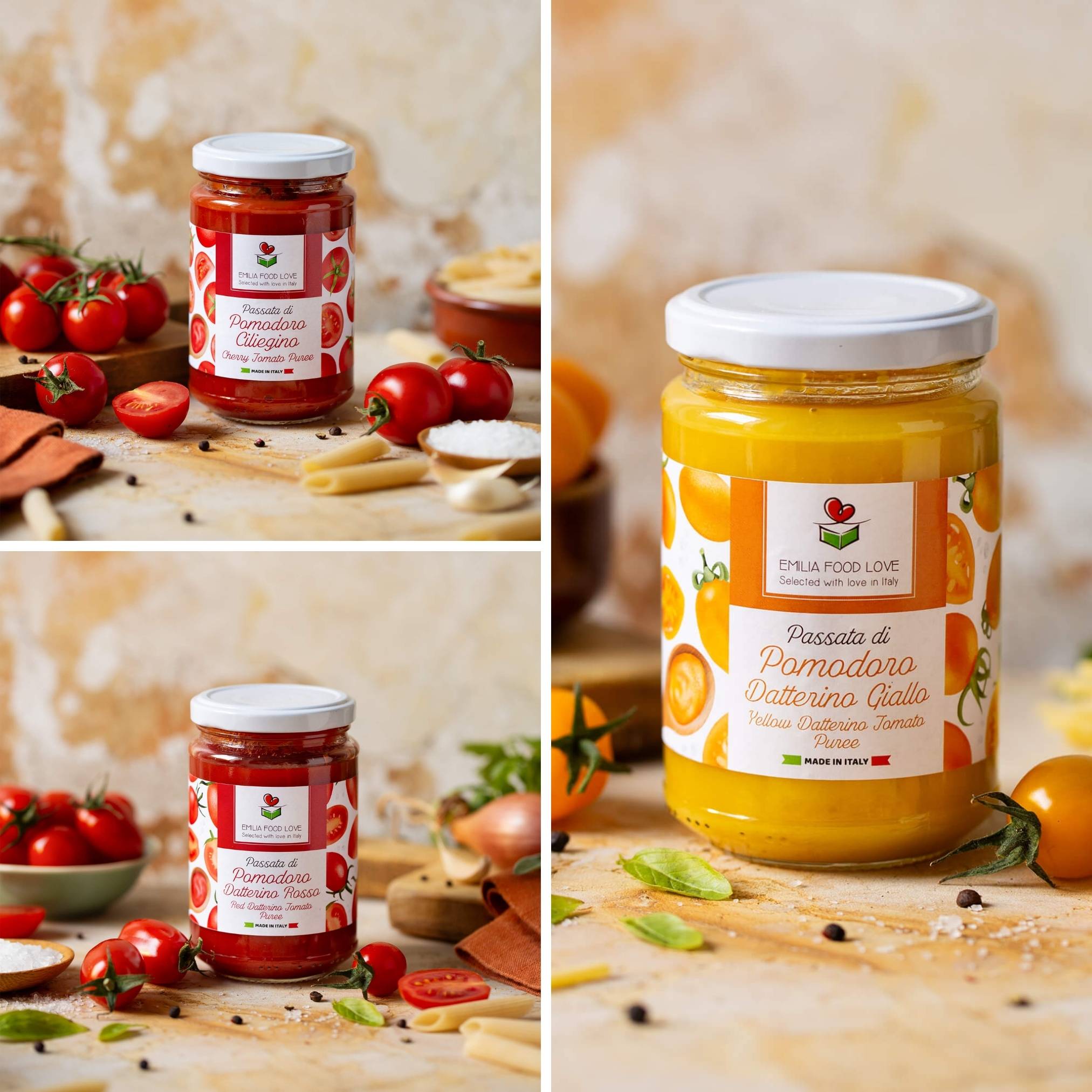 Datterino Tomato Puree Trio | Red, Yellow & Cherry | EMILIA FOOD
